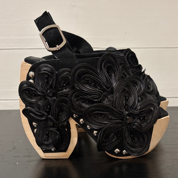 Jeffrey Campbell Shoes - Jeffrey Campbell Wood Platform Satin Floral Jeweled Suede Clog/Sandals Size 6